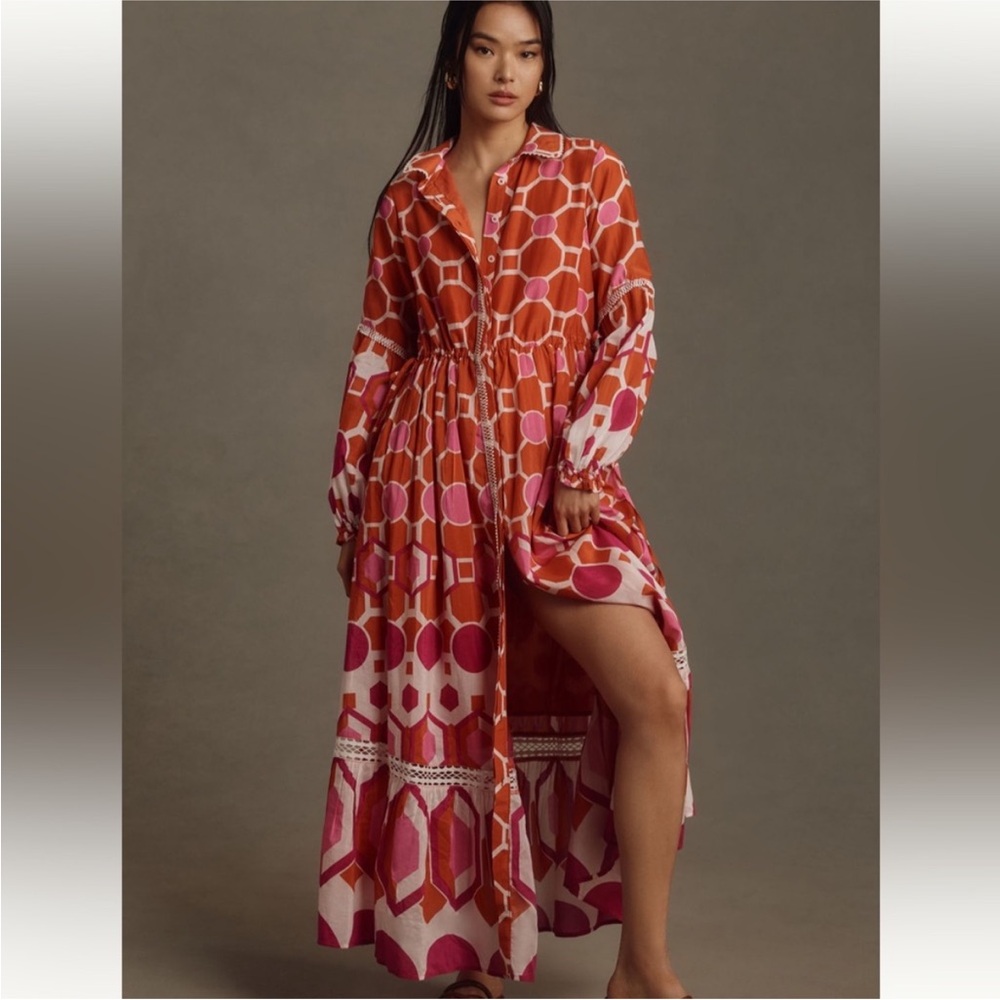 Anthropologie Orange Pattern Asymmetrical Sundress with Bishop Sleeves